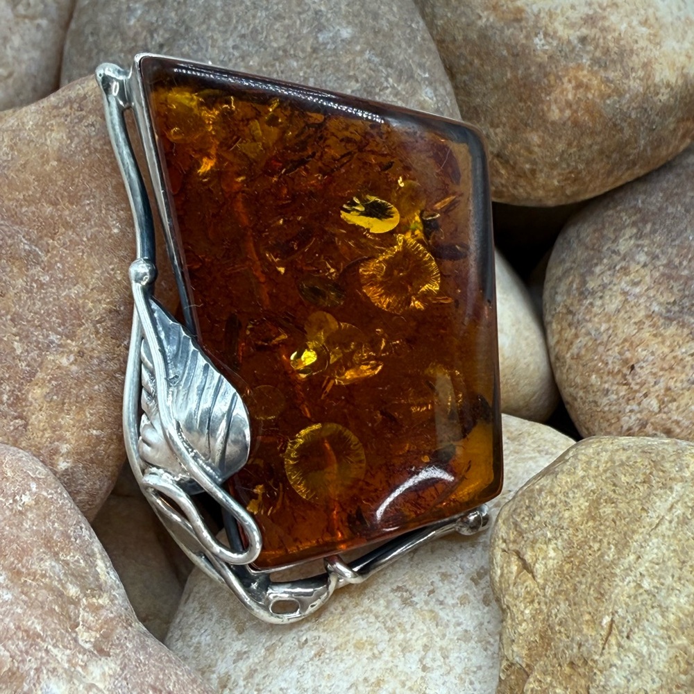 Vintage 925 Sterling Silver Baltic Amber Leaf Brooch Pin 14.18g